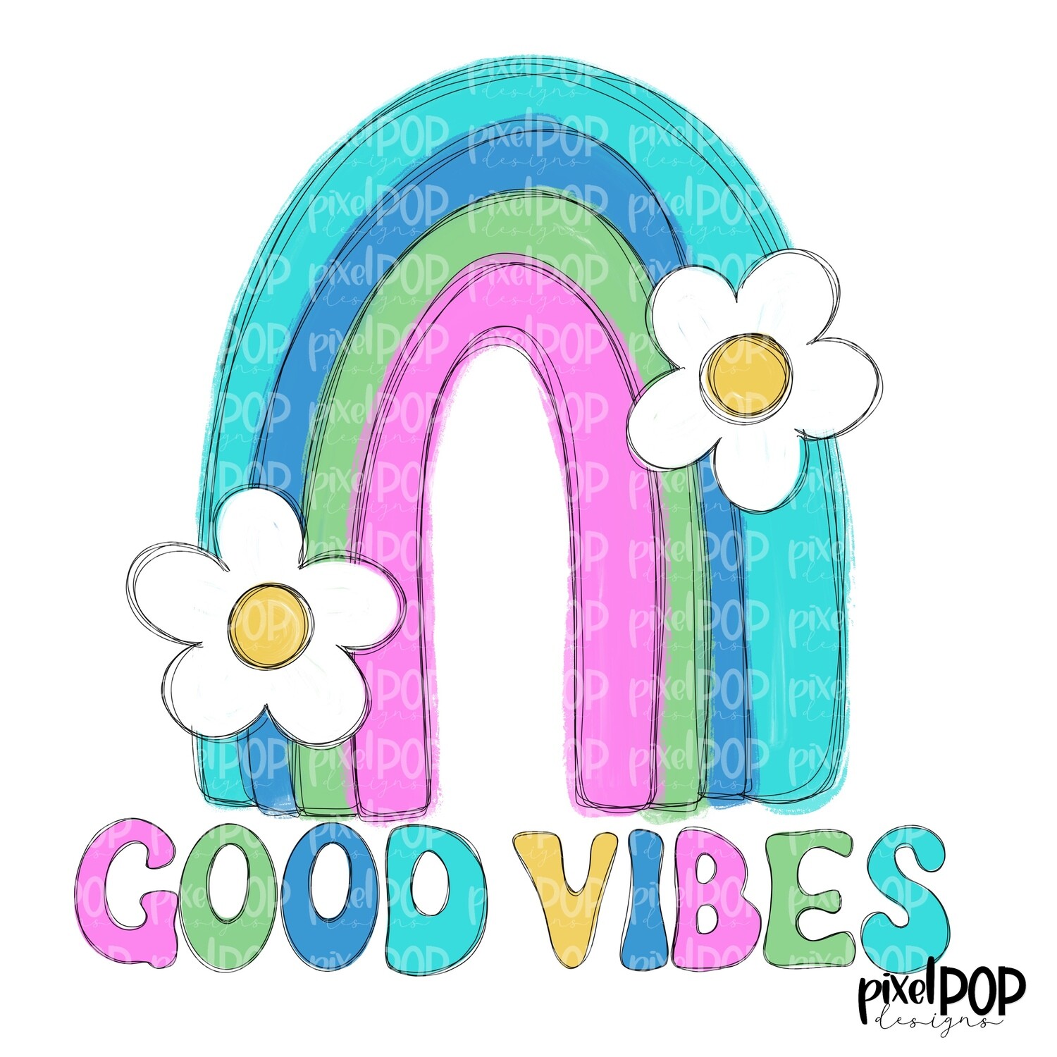 Good Vibes Rainbow Blues and Pink PNG | Rainbow | Positivity | Hand Drawn | Sublimation | Digital Download | Printable Art | Clip Art