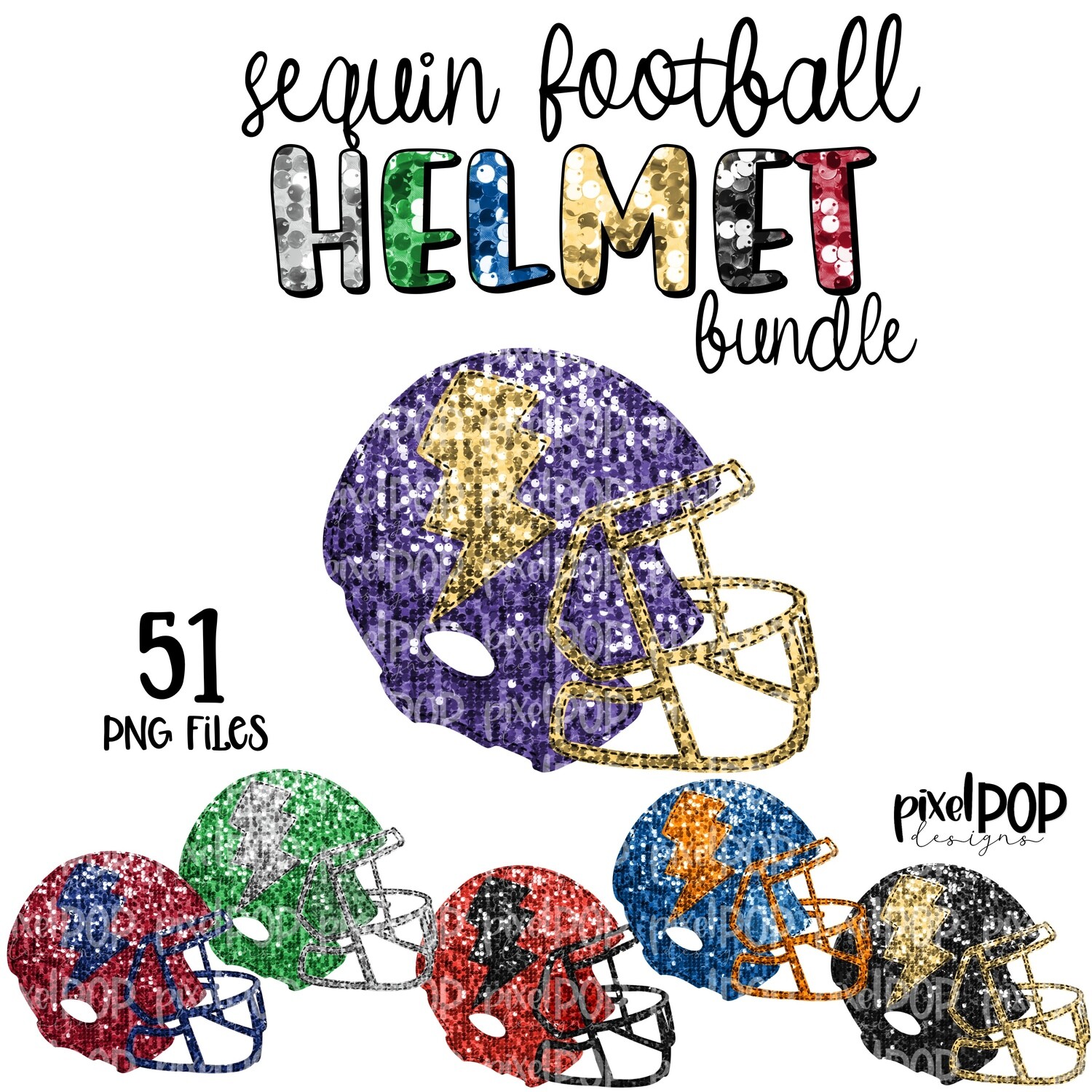 Sequin Football Helmet Bundle - 51 PNG FILES