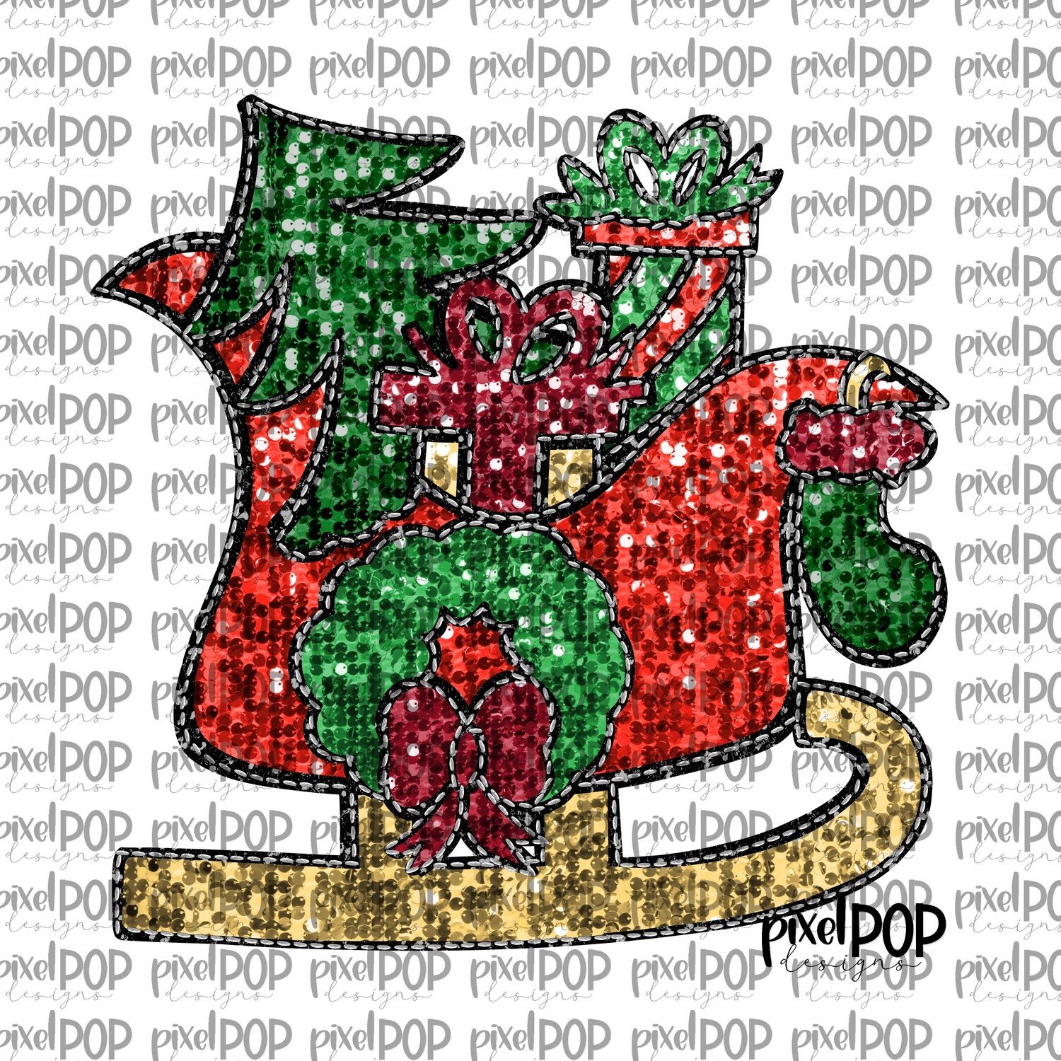 Santa Sleigh Faux Sequin PNG | Christmas Reindeer Sleigh | Sleigh Watercolor Christmas Art | Digital Download | Printable Artwork