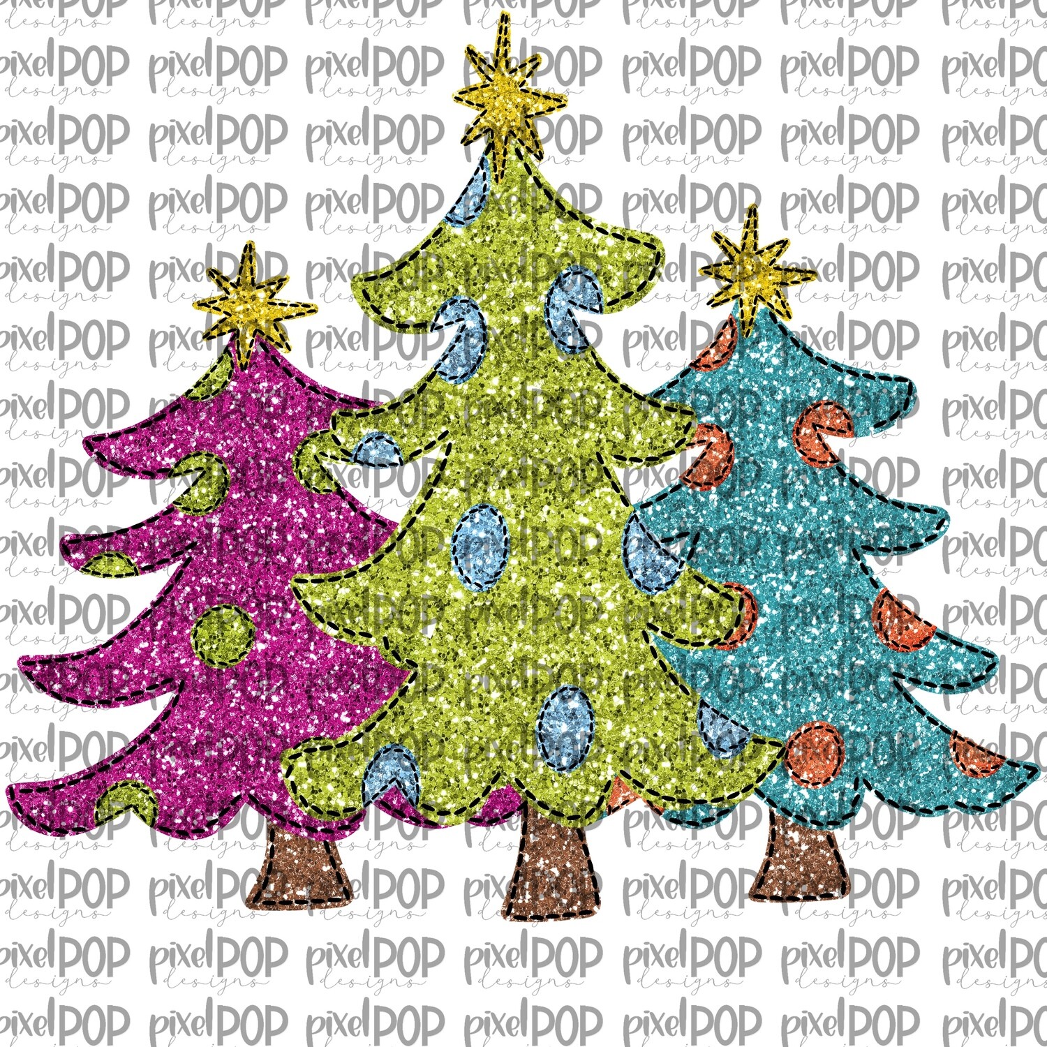 Whimsical Christmas Trees Faux Glitter PNG | Christmas Sublimation | Hand Painted Digital Design | Digital Download | Printable Artwork | Christmas Art