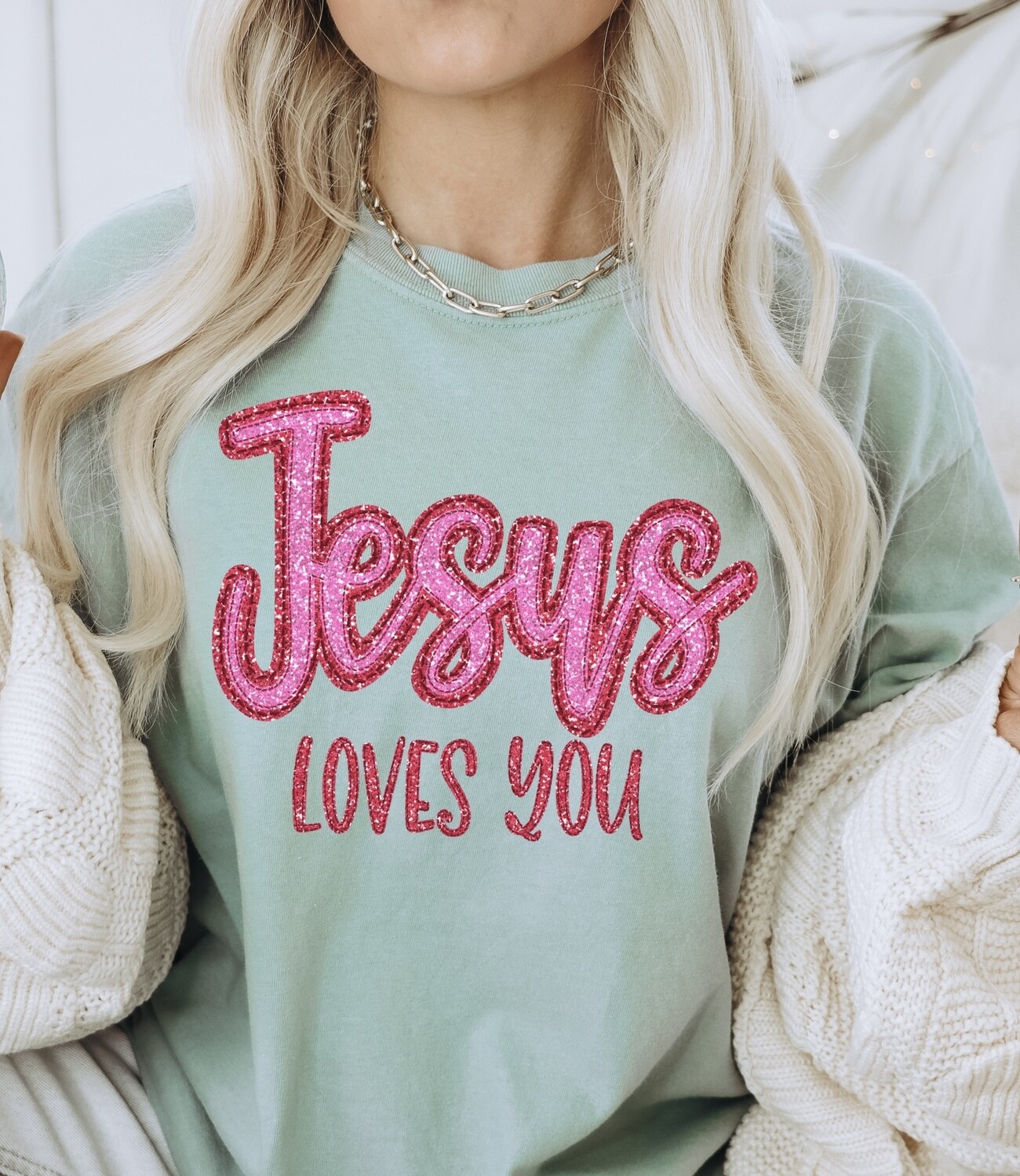 Jesus Loves You Faux Applique Glitter PNG