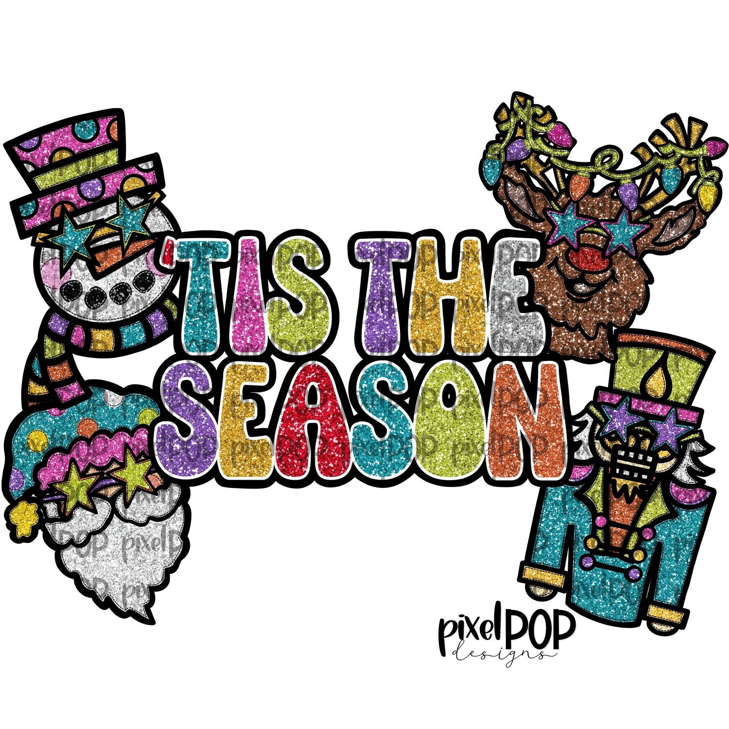 Tis the Season Characters Faux Glitter PNG | Christmas Holiday Sublimation PNG | Hand Drawn Art | Sublimation PNG | Digital Download | Printable