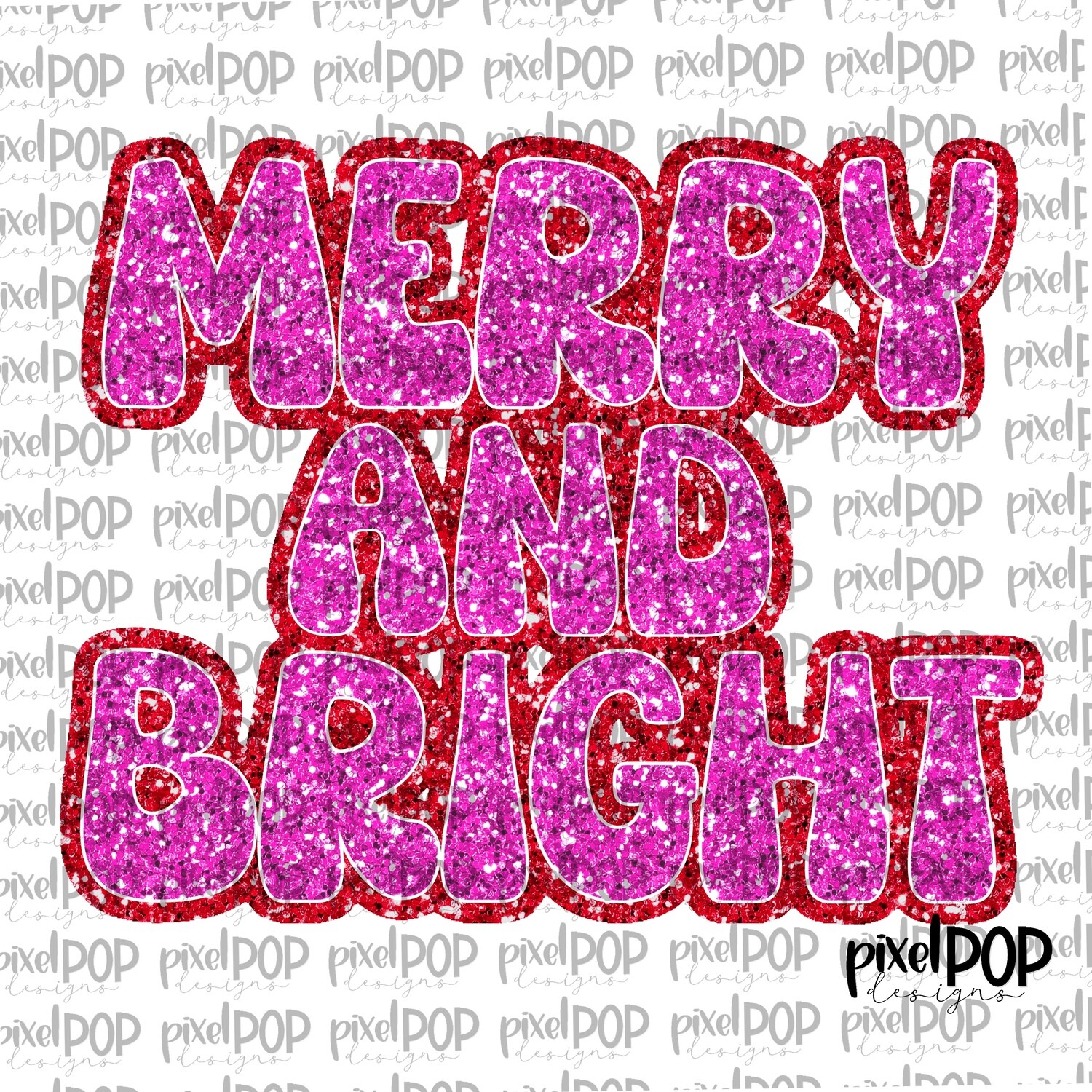 Merry and Bright Faux Glitter PNG | Christmas Holiday Sublimation PNG | Hand Drawn Art | Sublimation PNG | Digital Download | Printable
