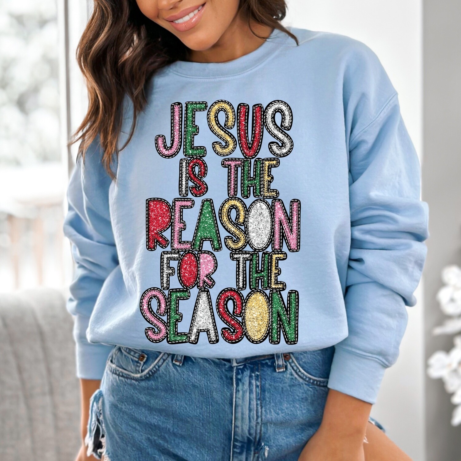 Jesus is the Reason for the Season Christmas Faux Glitter Applique PNG