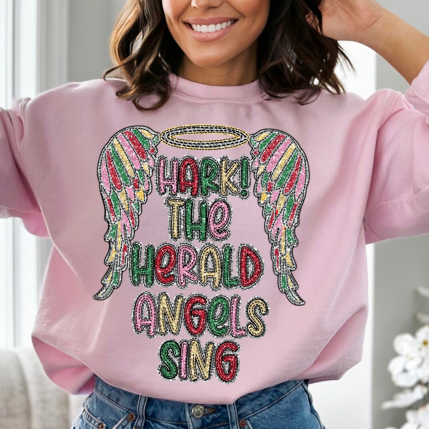 Hark! The Herald Angels Sing Christmas Faux Glitter Applique PNG