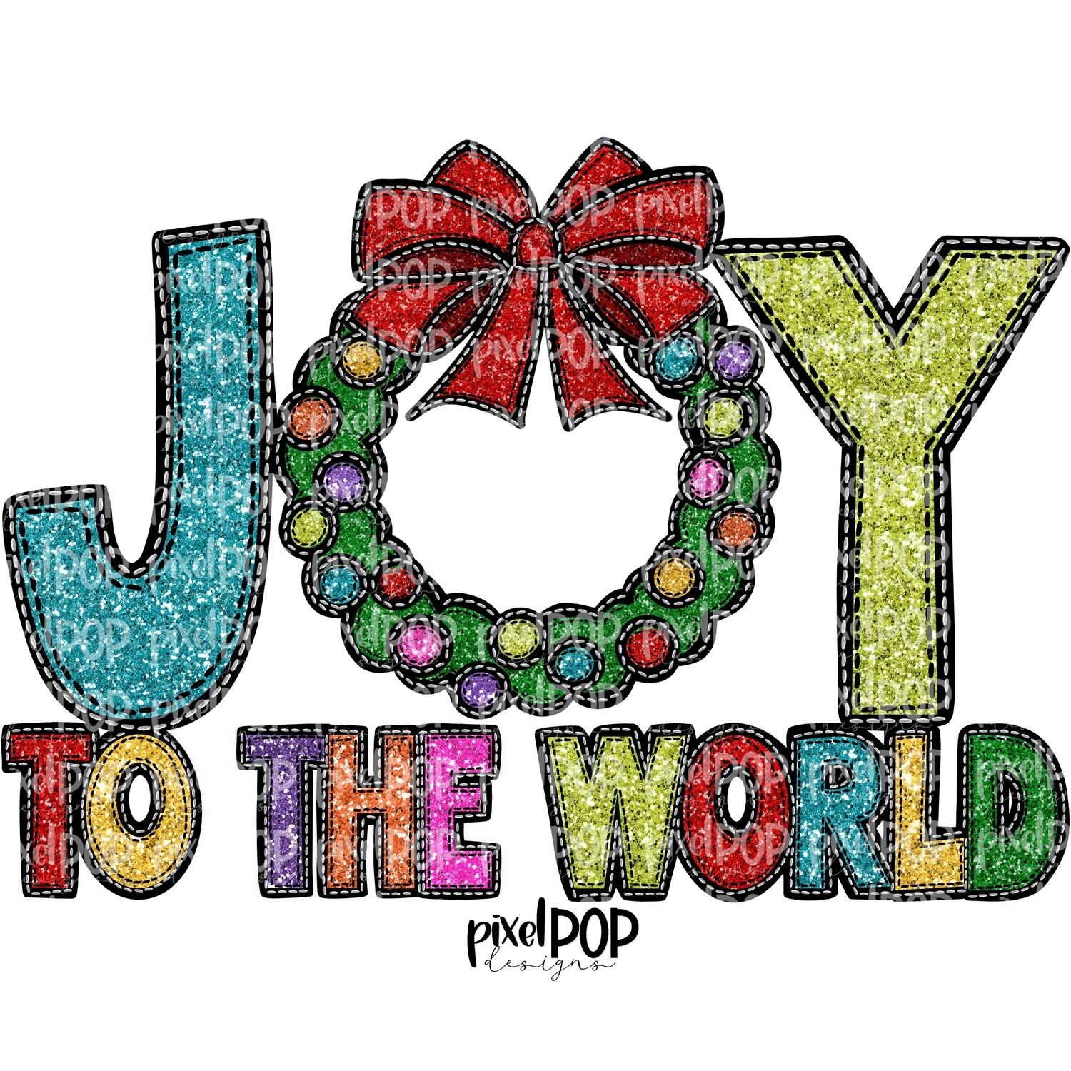 Joy to the World Wreath Faux Glitter Applique PNG | Christmas Holiday Sublimation PNG | Hand Drawn Art | Digital Download | Printable