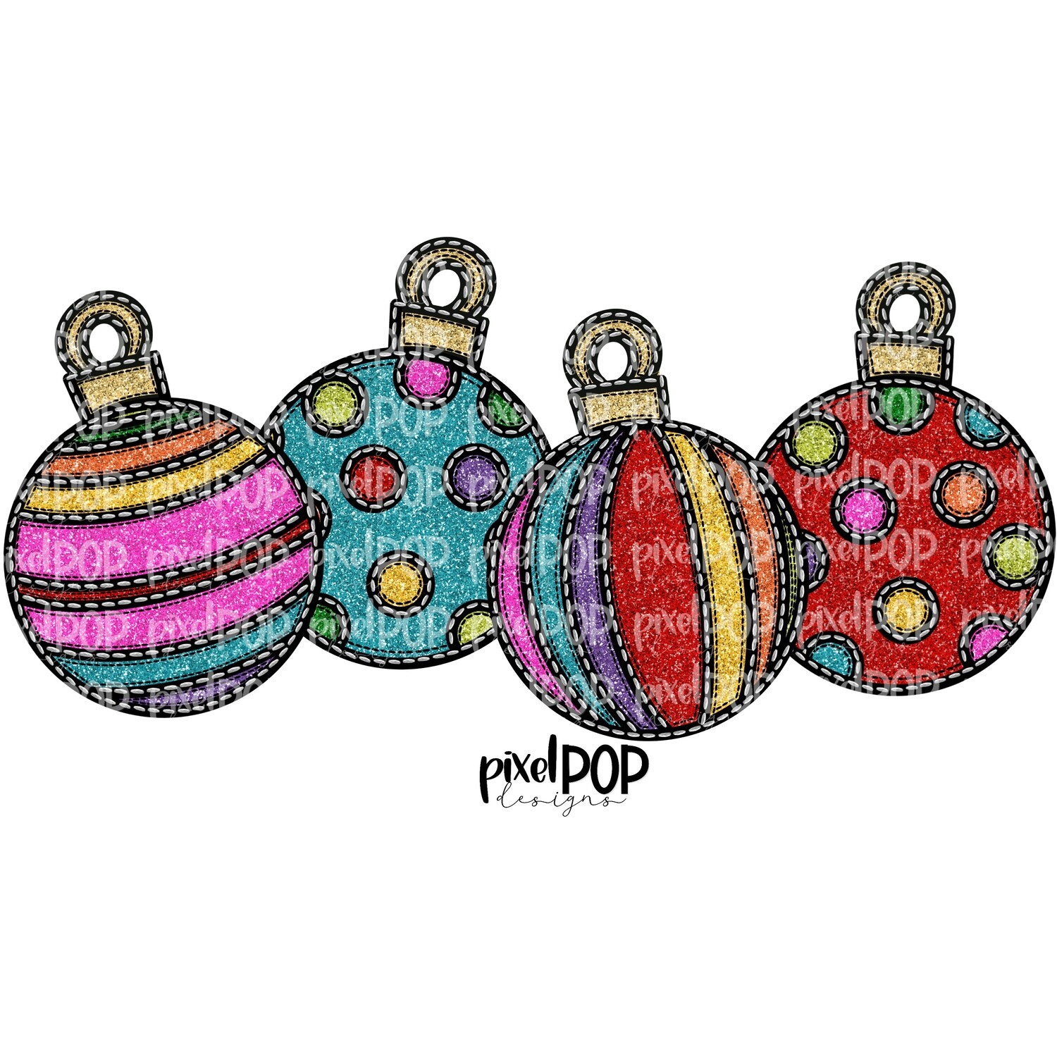 Assorted Ornaments Faux Glitter Applique PNG | Christmas Holiday Sublimation PNG | Hand Drawn Art | Digital Download | Printable