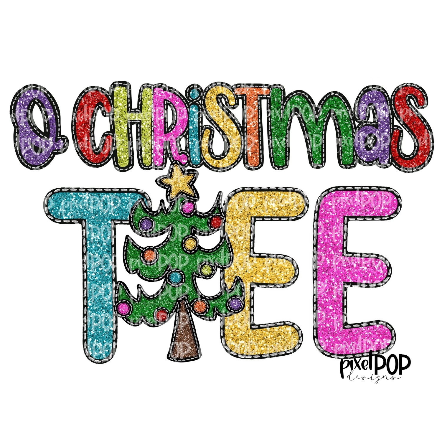 O Christmas Tree Faux Glitter Applique PNG | Christmas Holiday Sublimation PNG | Hand Drawn Art | Digital Download | Printable