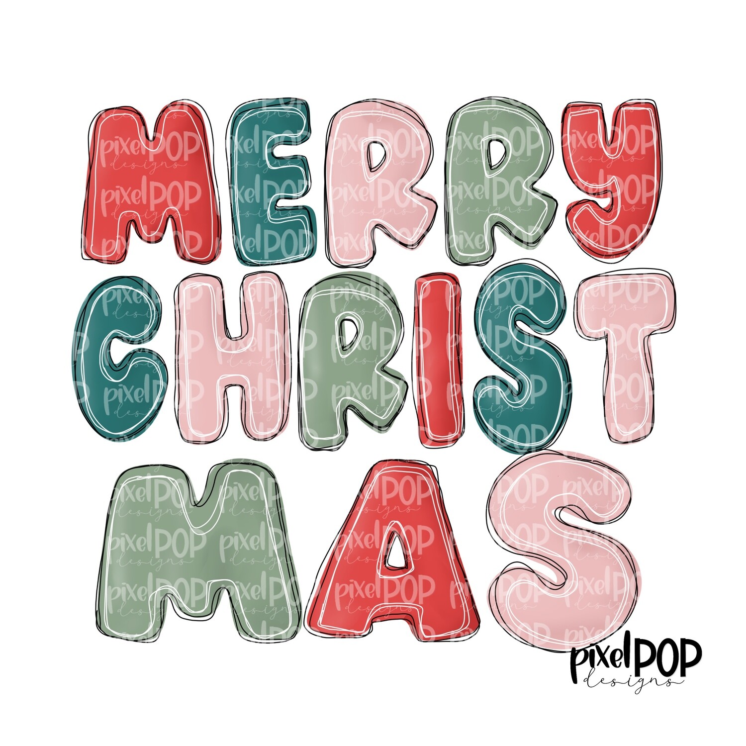 Merry Christmas Retro Colors PNG | Hand Drawn Art | Sublimation PNG | Digital Download | Printable Artwork | Art