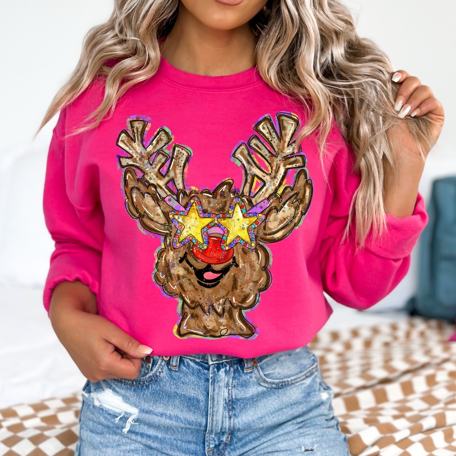 Messy Paint Reindeer Girl Pink PNG | Rudolph Design | Christmas Sublimation Art Design