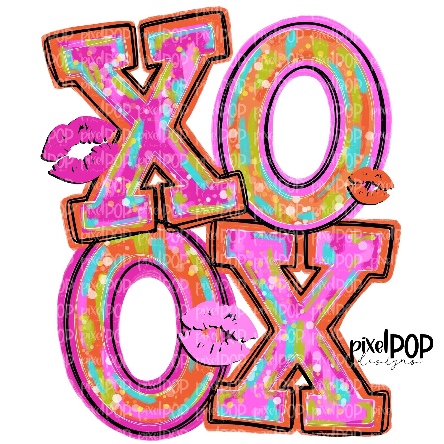 XO OX with Kiss Lips Valentine&#39;s Day PNG | Sublimation Valentine Art | Lips Kissy | Hand Painted Art | Digital Design | Printable Art