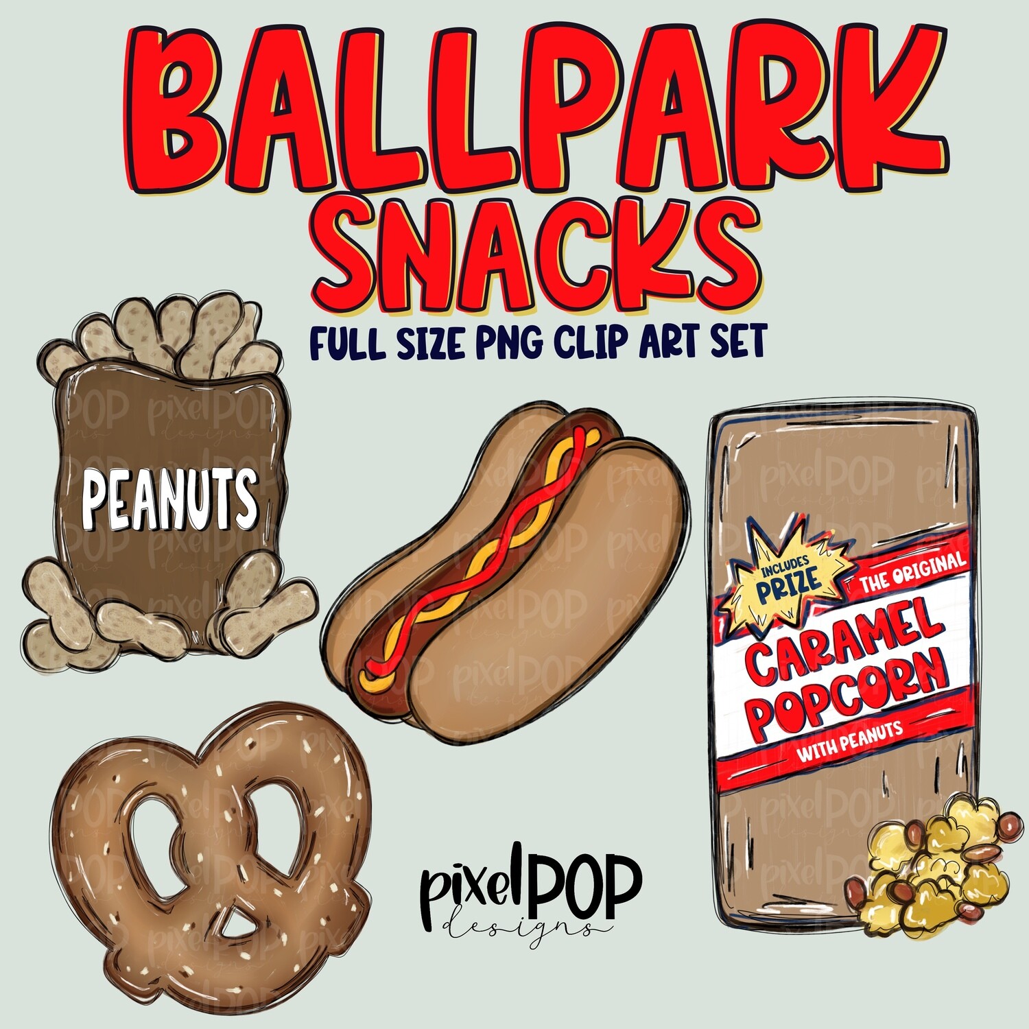 Ballpark Snacks PNG Clipart Set Design | Baseball Design | Sublimation Design | Heat Transfer | Digital Download | Printable Artwork