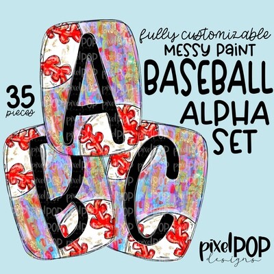 Messy Paint Customizable Digital Baseball Alphabet PNG Set | Alphapack | Digital Alphabet | Font