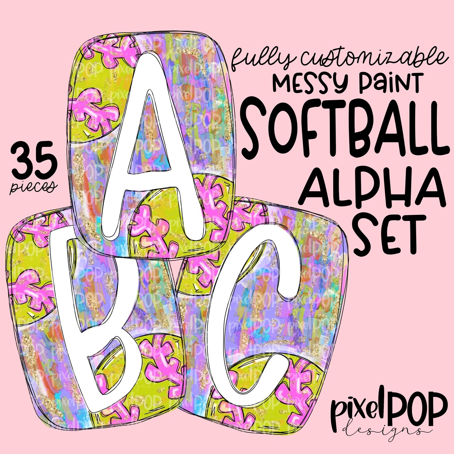 Messy Paint Customizable Digital Softball Alphabet PNG Set | Alphapack | Digital Alphabet | Font