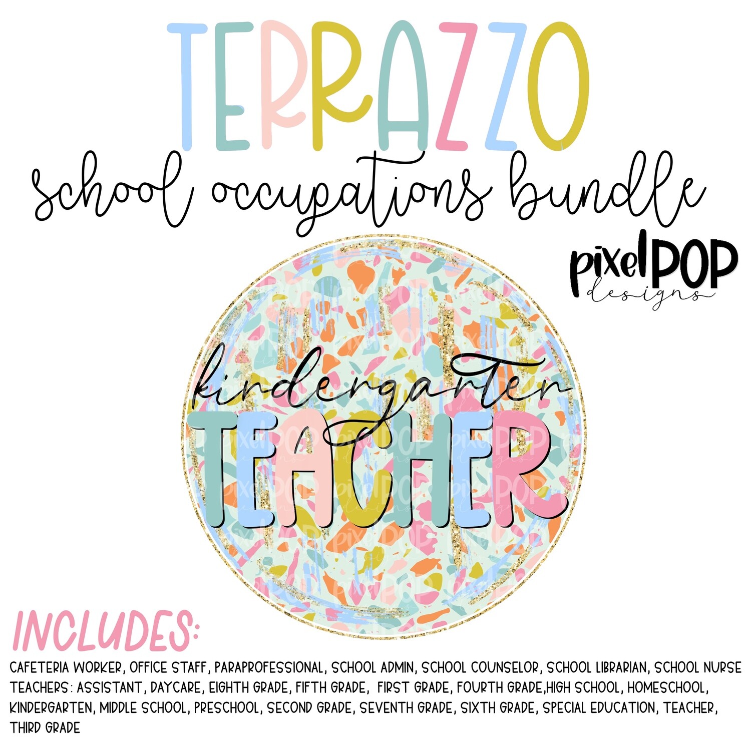 Terrazzo School Occupations PNG Bundle | Assistant Teacher Design | Teacher Digital | Hand Painted | Digital Download | Printable