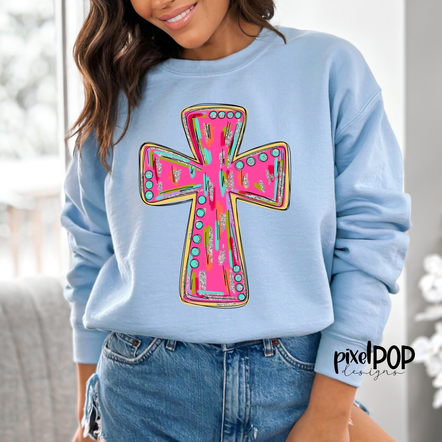 Silver Glitz Pink Cross PNG Religious Christian | Easter Transfer Design PNG | Sublimation Design | Heat Transfer PNG | Digital Download | Printable Art | Clip Art