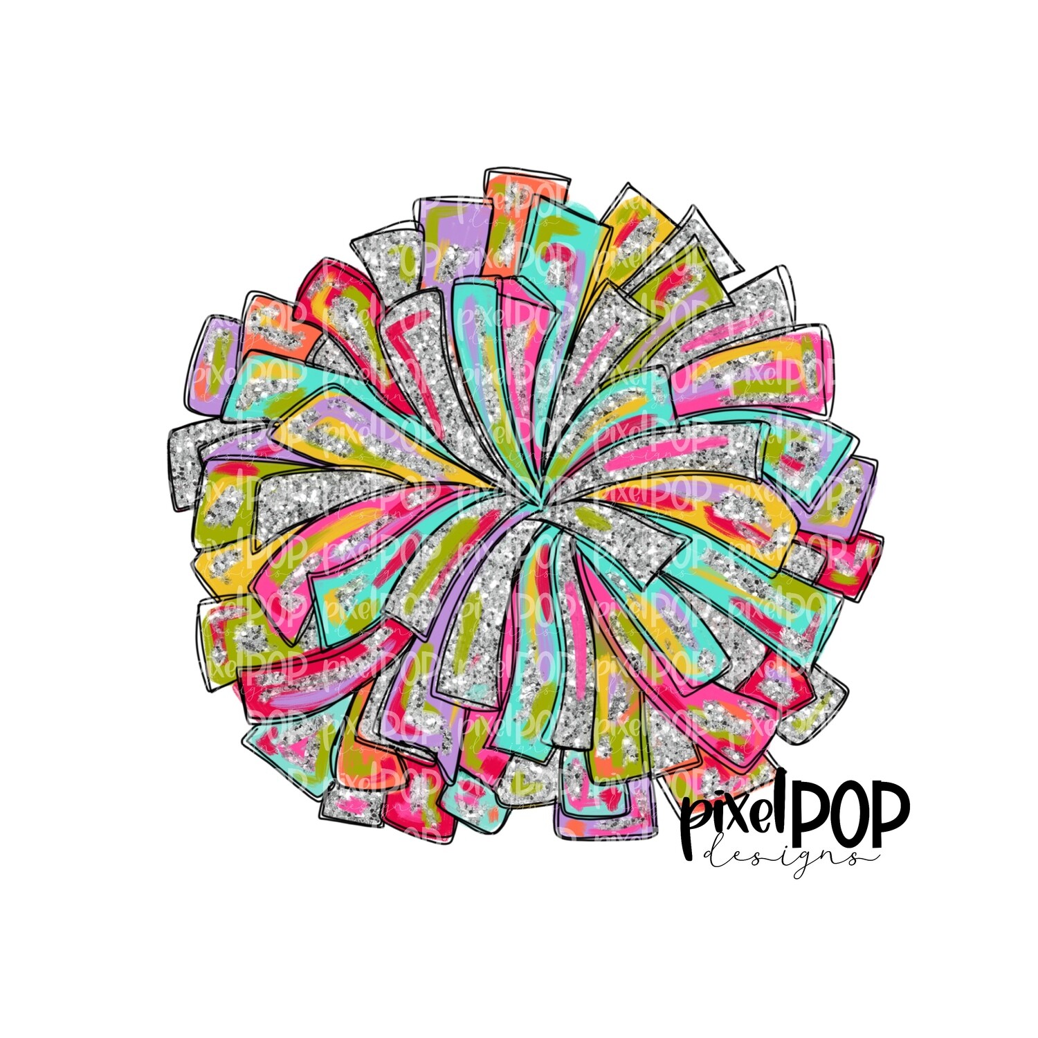 Cheer Pom Pom Silver Glitter Glitz PNG Design | Cheerleading Design | Sublimation Design | Heat Transfer | Sports PNG | Digital Download