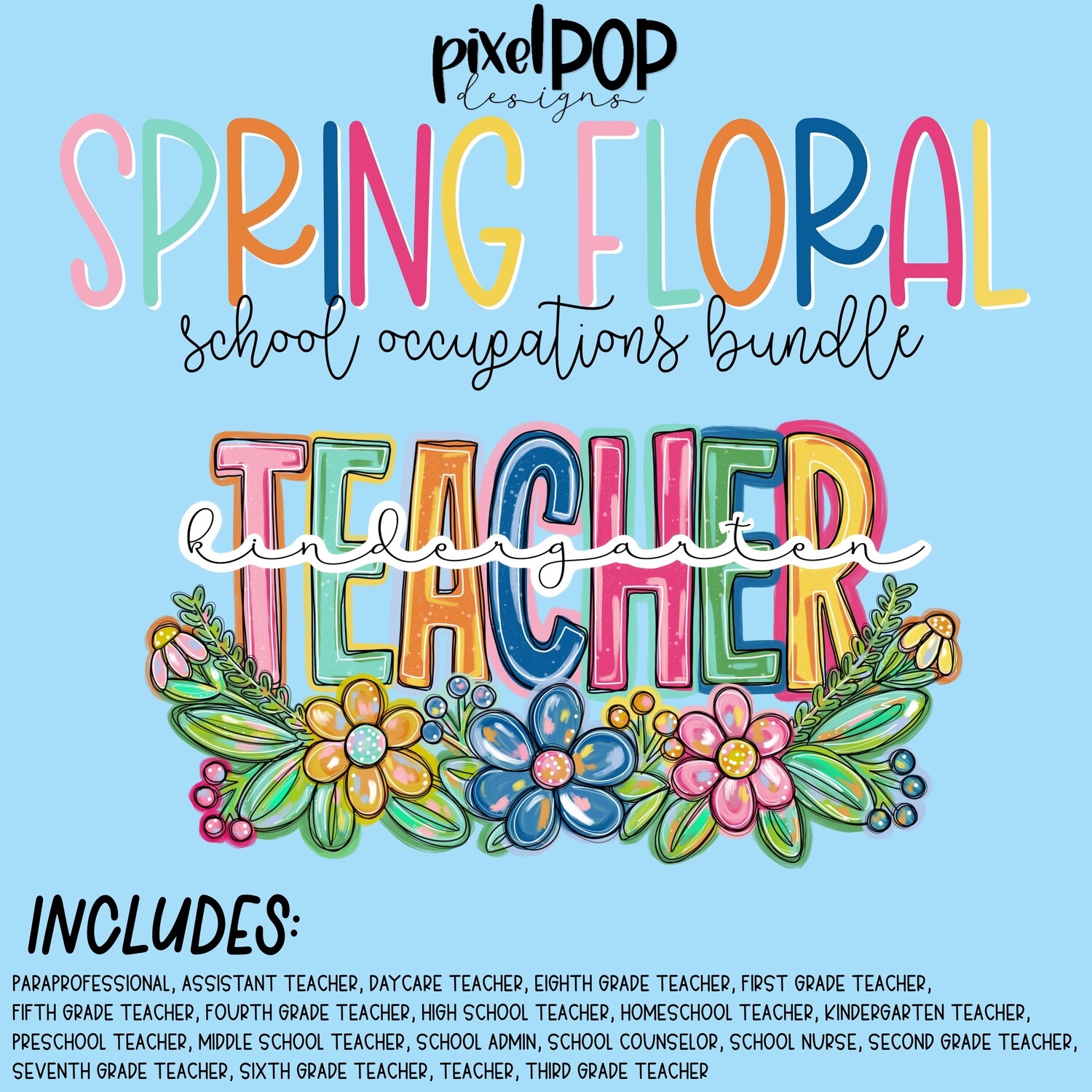 Spring Floral School Occupations PNG Bundle |Teacher Design | Teacher Digital | Hand Painted | Digital Download | Printable