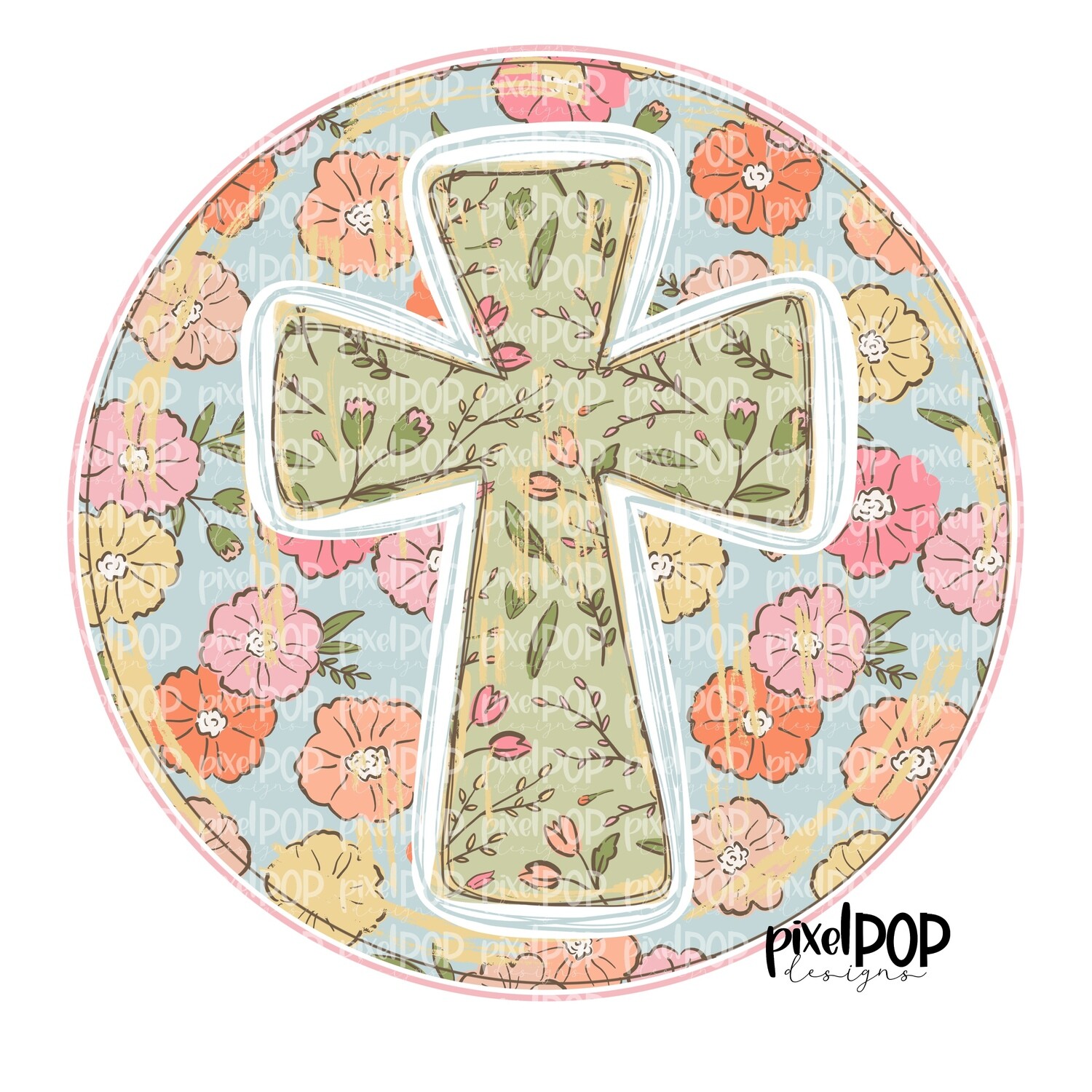 Floral Cross in Circle Religious Christian PNG | Religious Art Design