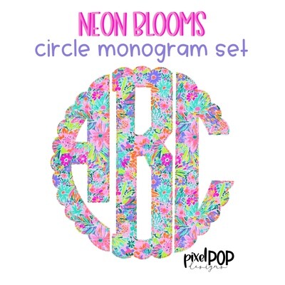 Neon Blooms Floral Scalloped Circle Monogram Set | Digital Monogram | Hand Painted | PNG | Sublimation Doodle Letter | Transfer Letters