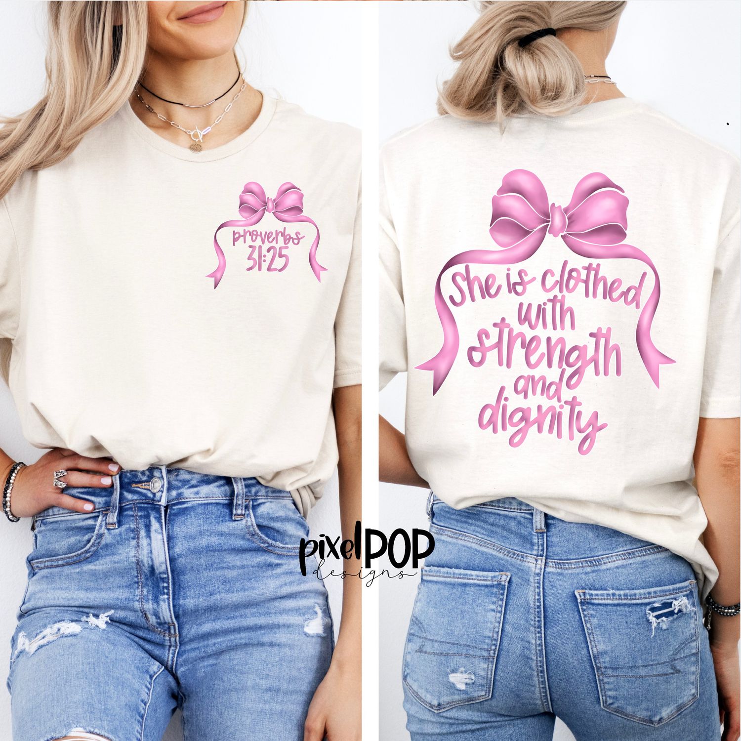 She is Clothed in Strength and Dignity PINK Coquette Bow PNG (2 Files) | Christian Religious Design | Hand Drawn Art | Sublimation PNG | Digital Download | Printable Art