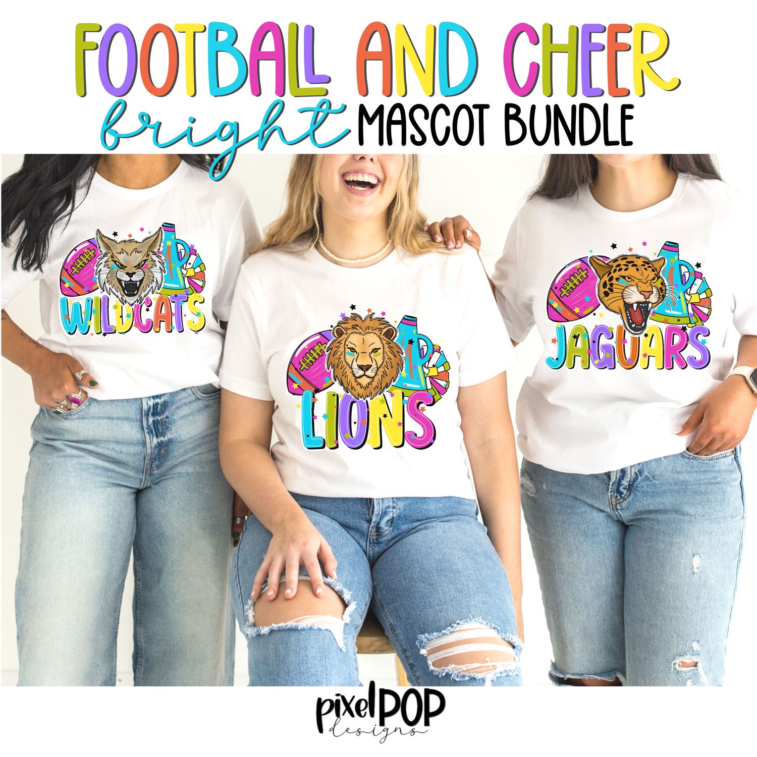 BUNDLE: Football and Poms (Cheer) Mascots - Bright **BUY IN NOW - STILL GROWING**