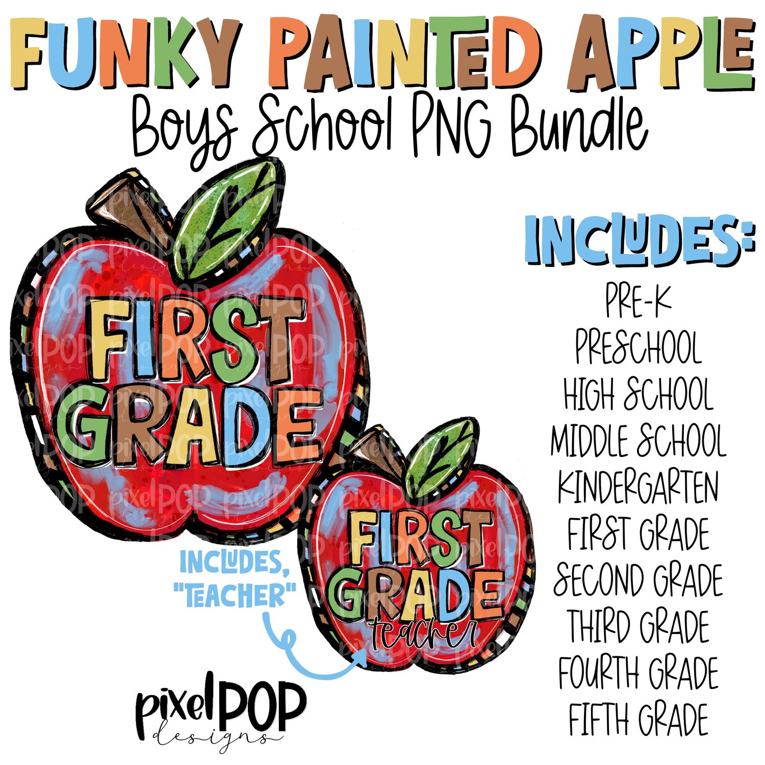 Funky Painted Apple BOY School Grades PNG Bundle | School PNG Design | School Clipart
