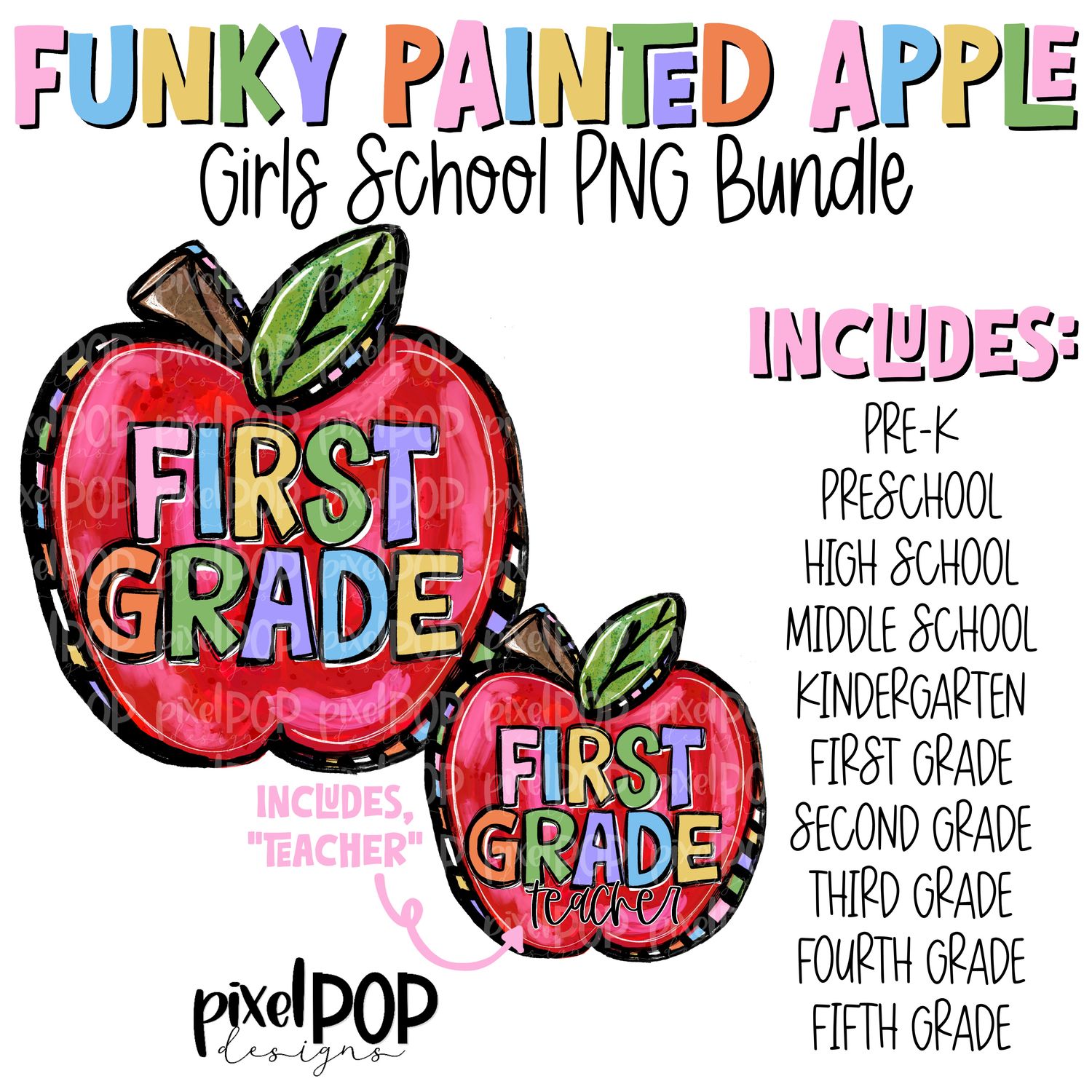 Funky Painted Apple GIRL School Grades PNG Bundle | School PNG Design | School Clipart