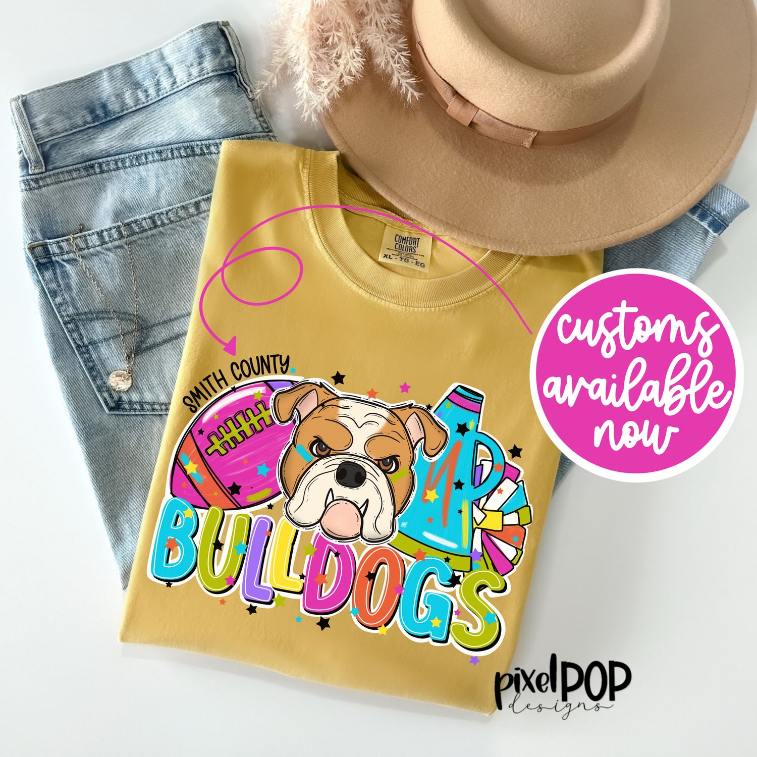 Football and Poms Cheer Bright Bulldogs PNG | School Mascot Digital Design | Bulldogs | Sublimation, DTF, Screenprint Transfer Art Design