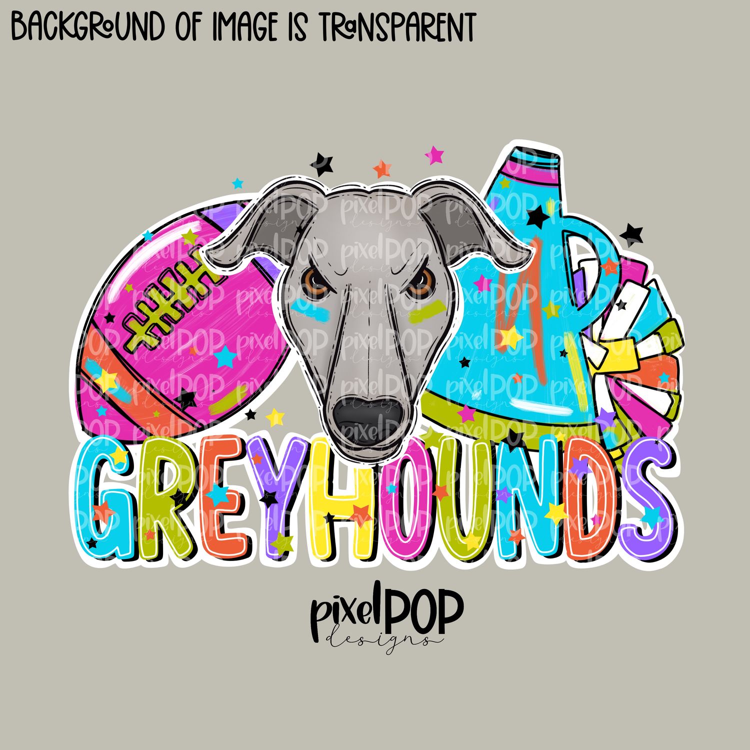 Football and Poms Cheer Bright Greyhounds PNG | School Mascot Digital Design | Greyhounds | Sublimation, DTF, Screenprint Transfer Art Design