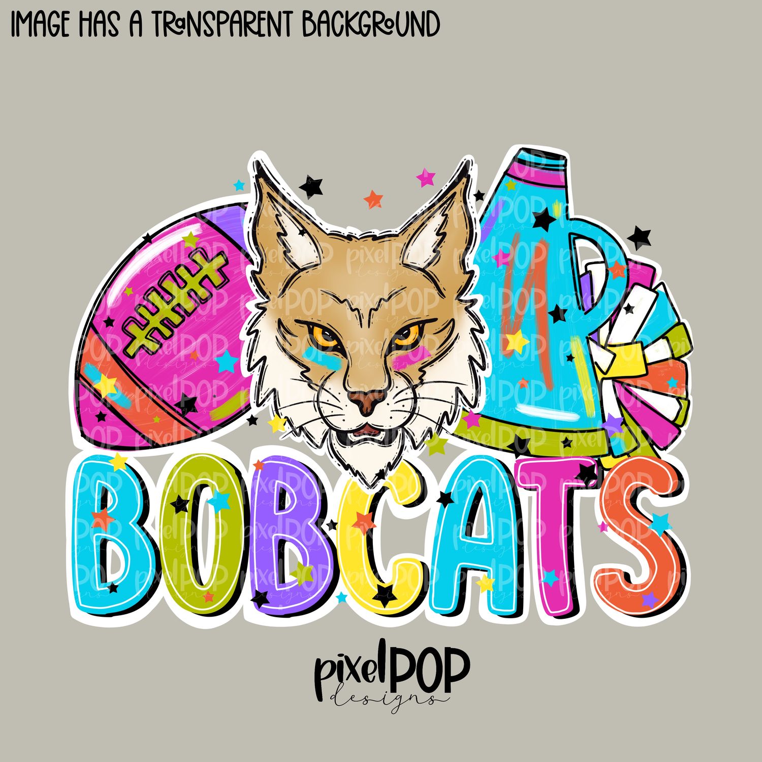 Football and Poms Cheer Bright Bobcats PNG | School Mascot Digital Design | Bobcats | Sublimation, DTF, Screenprint Transfer Art Design
