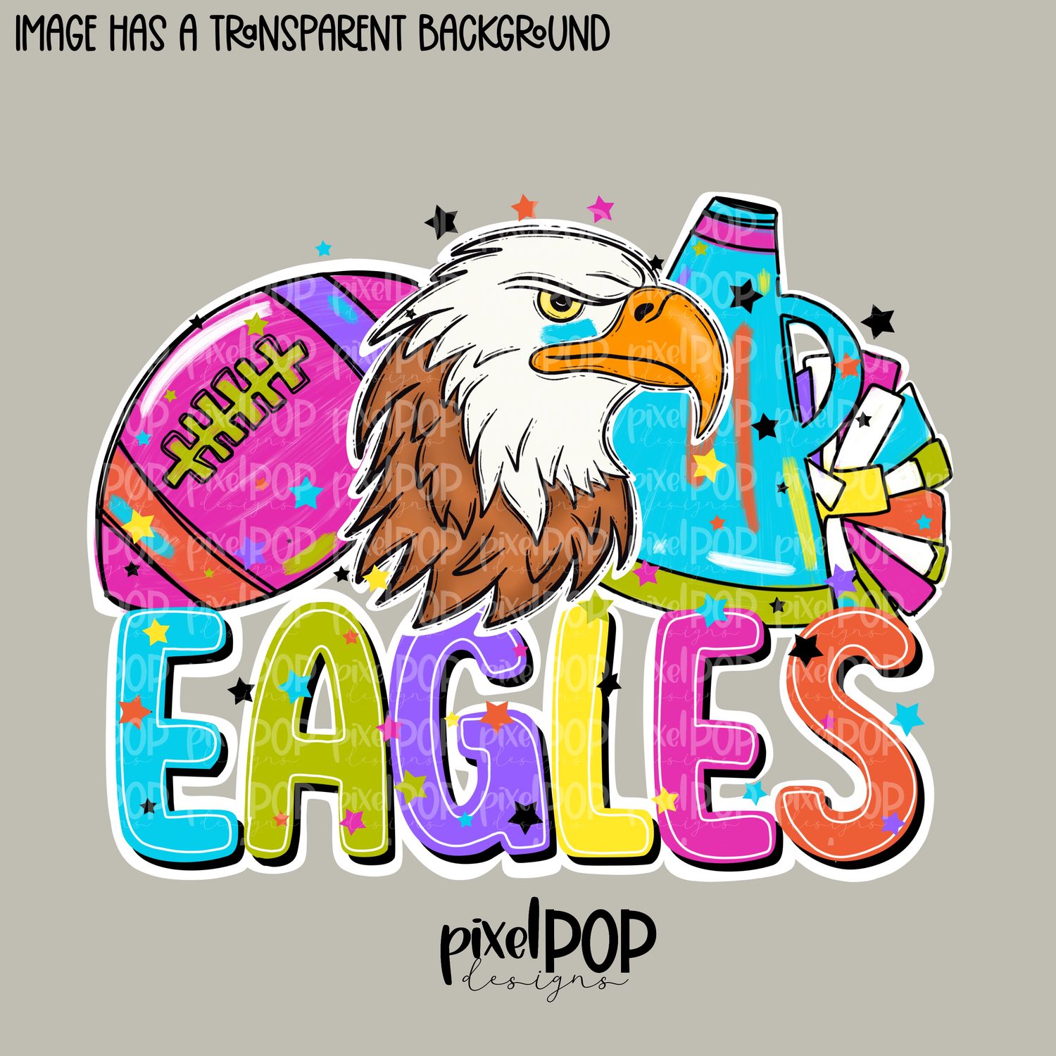 Football and Poms Cheer Bright Eagles PNG | School Mascot Digital Design | Eagles | Sublimation, DTF, Screenprint Transfer Art Design