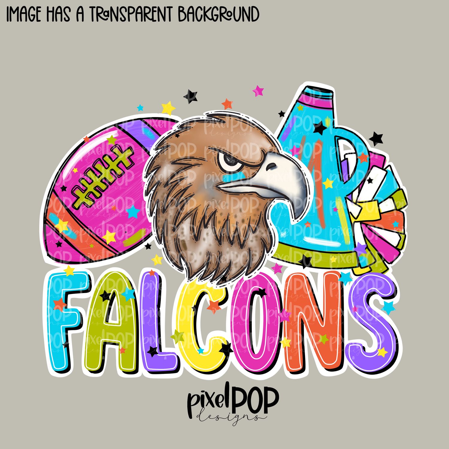 Football and Poms Cheer Bright Falcons PNG | School Mascot Digital Design | Falcons | Sublimation, DTF, Screenprint Transfer Art Design