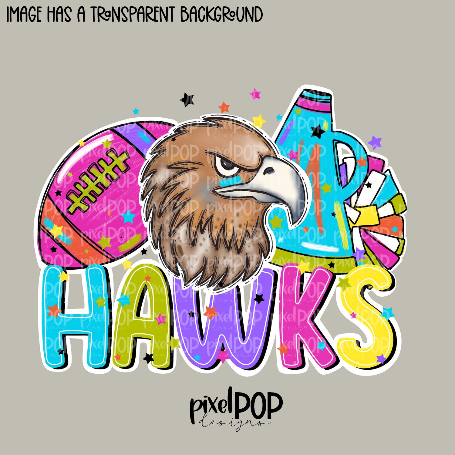 Football and Poms Cheer Bright Hawks PNG | School Mascot Digital Design | Hawks | Sublimation, DTF, Screenprint Transfer Art Design
