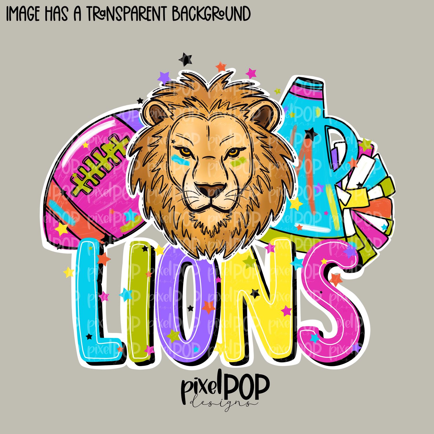 Football and Poms Cheer Bright Lions PNG | School Mascot Digital Design | Lions | Sublimation, DTF, Screenprint Transfer Art Design