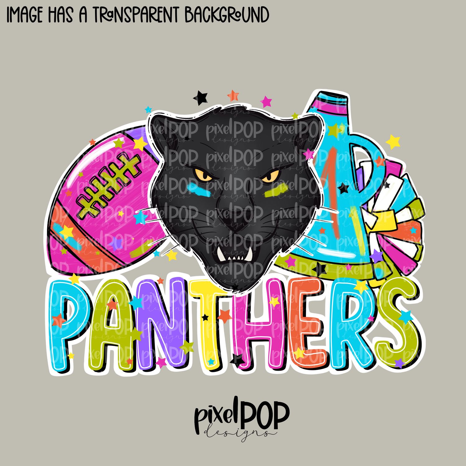 Football and Poms Cheer Bright Panthers PNG | School Mascot Digital Design | Panthers | Sublimation, DTF, Screenprint Transfer Art Design