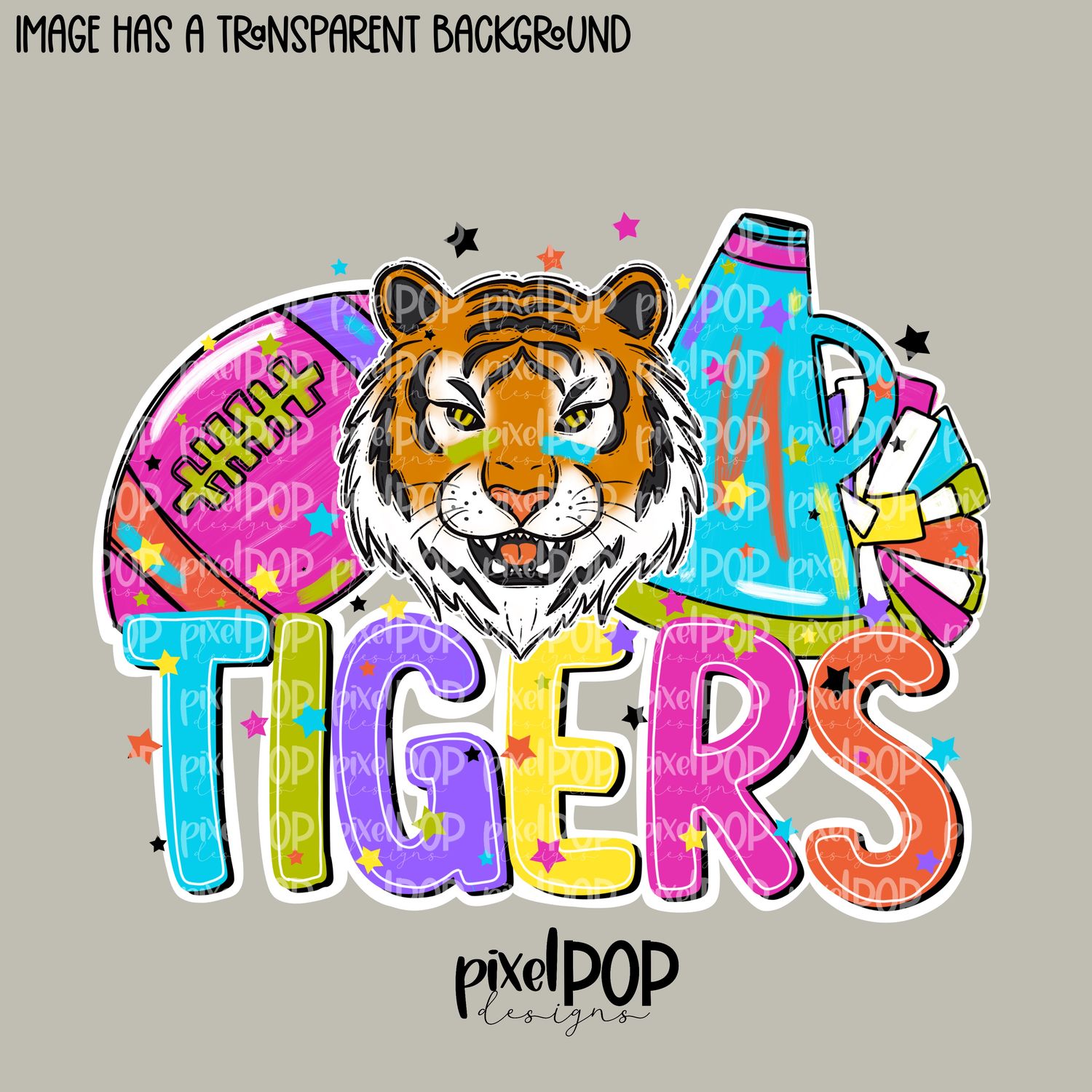 Football and Poms Cheer Bright Tigers PNG | School Mascot Digital Design | Tigers | Sublimation, DTF, Screenprint Transfer Art Design