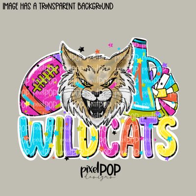 Football and Poms Cheer Bright Wildcats PNG | School Mascot Digital Design | Wildcats | Sublimation, DTF, Screenprint Transfer Art Design