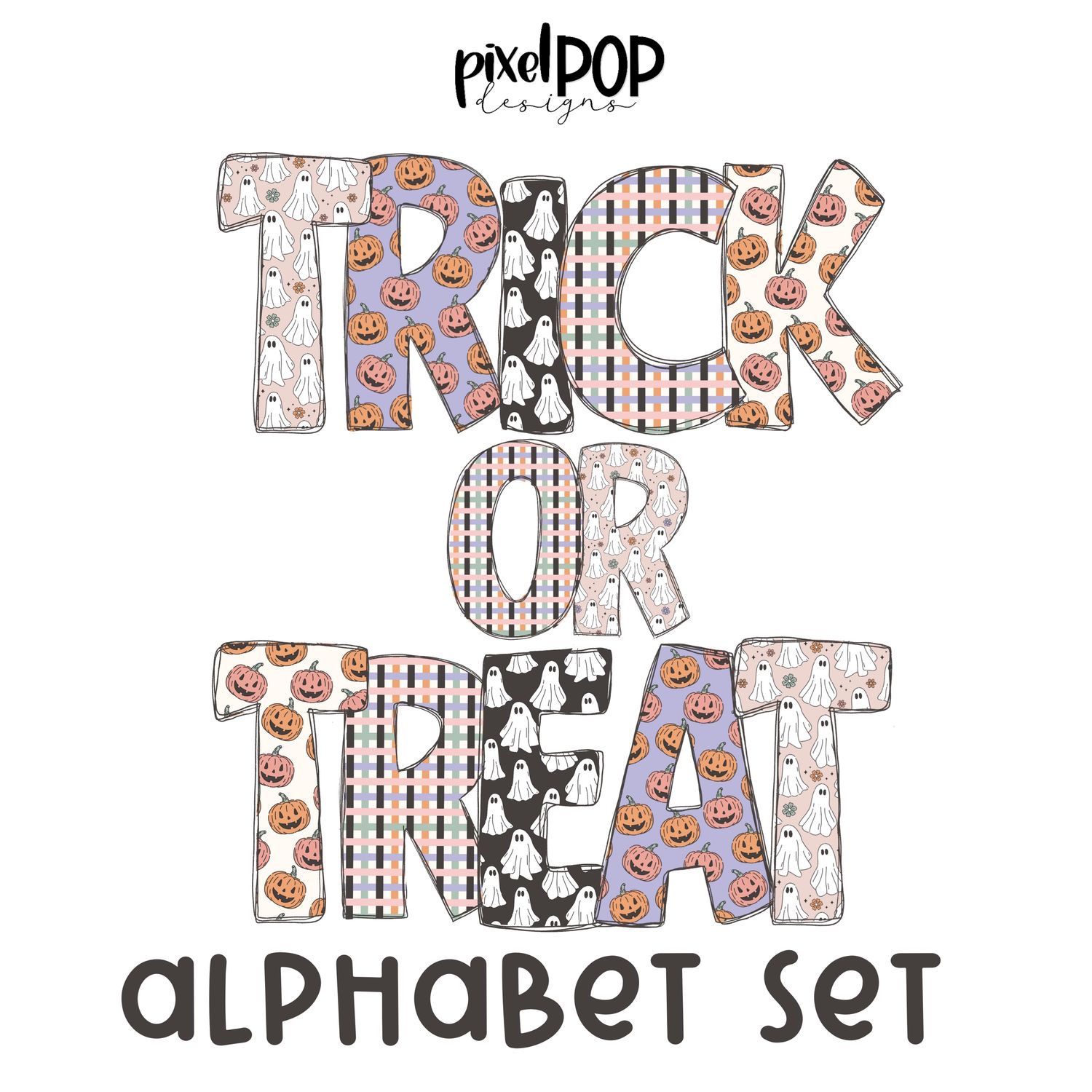 Trick or Treat Halloween Alphabet Letter Set | Alphapack Font | Watercolor | PNG | Sublimation Doodle Letter | Font Set | Transfer Letters