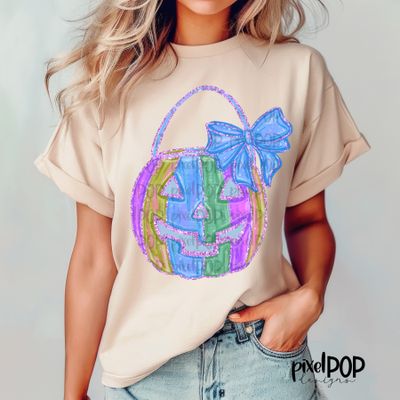 Faux Glitter Pumpkin Bucket Jack o Lantern with Bow PURPLE PNG | Hand Drawn Digital Art | Sublimation PNG | Digital Art | Printable Artwork | Art