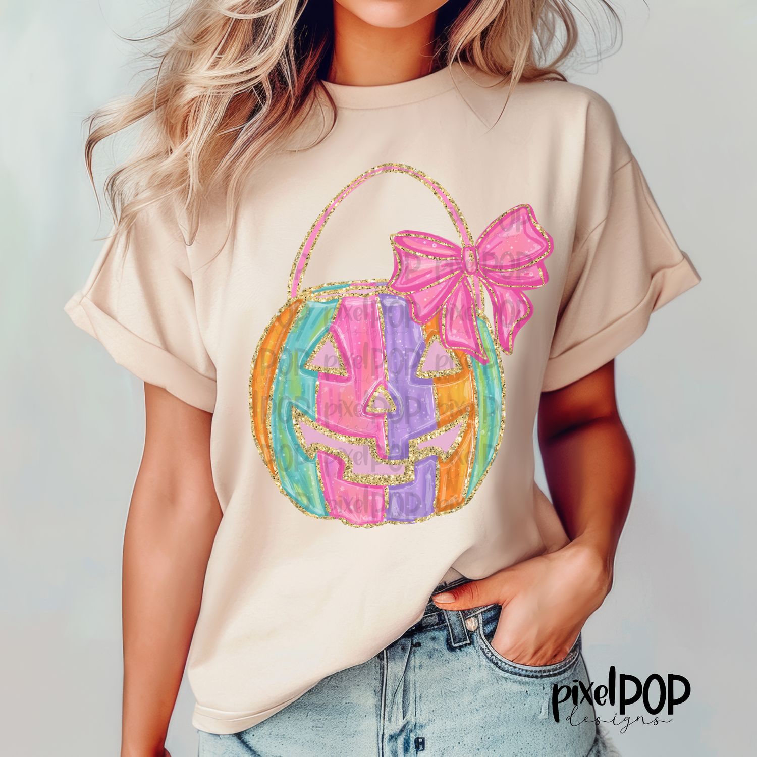 Faux Glitter Pumpkin Bucket Jack o Lantern with Bow PNG | Hand Drawn Digital Art | Sublimation PNG | Digital Art | Printable Artwork | Art