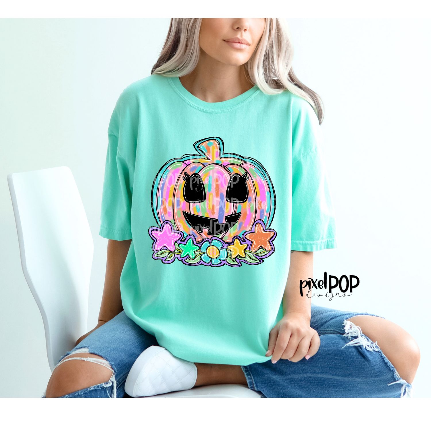 Jack-o-Lantern with Flowers and Stars Halloween Pumpkin PNG | Hand Drawn Digital Art | Sublimation PNG | Digital Art | Printable Artwork