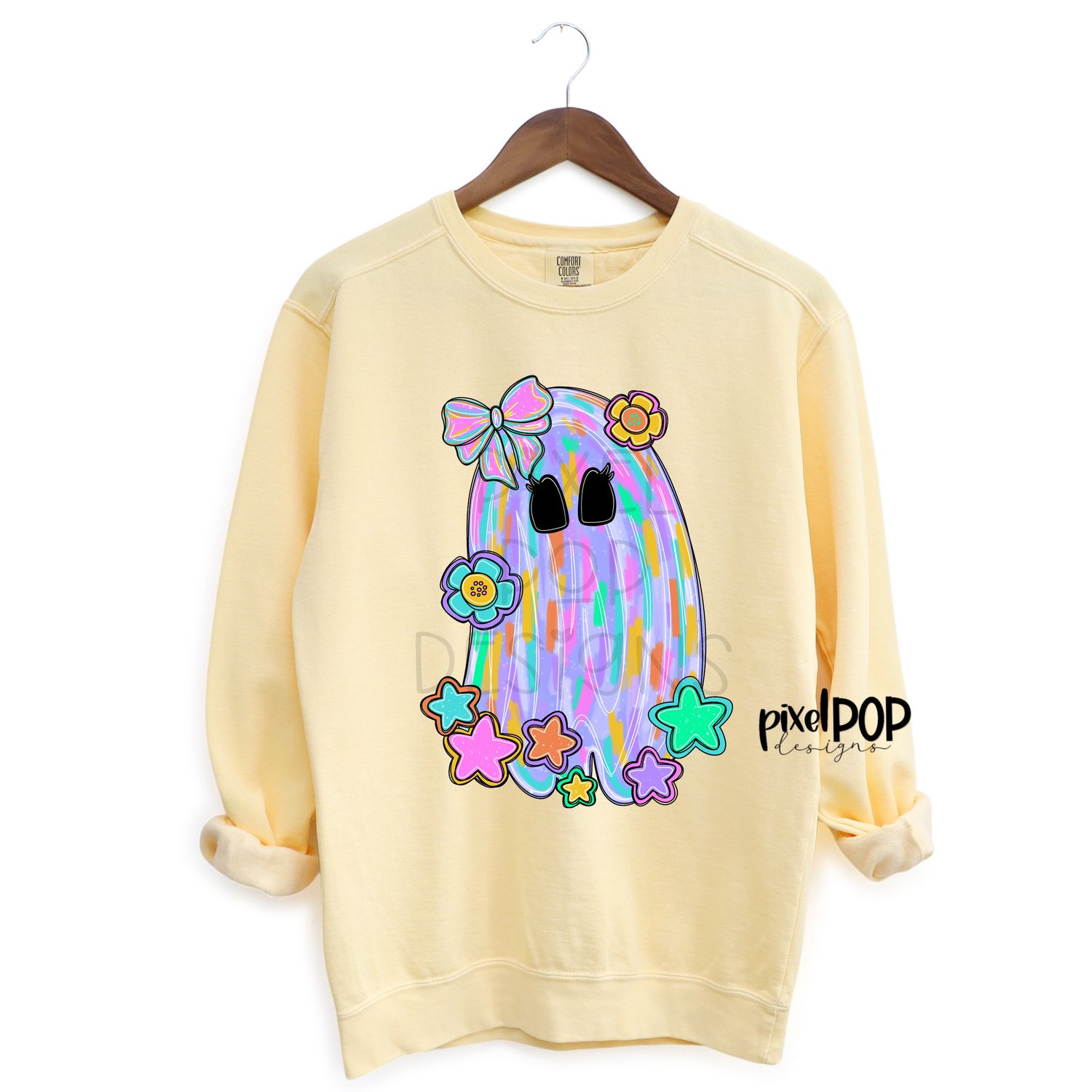 Ghost with Bow Flowers and Stars PNG | Hand Drawn Digital Art | Sublimation PNG | Digital Art | Printable Artwork