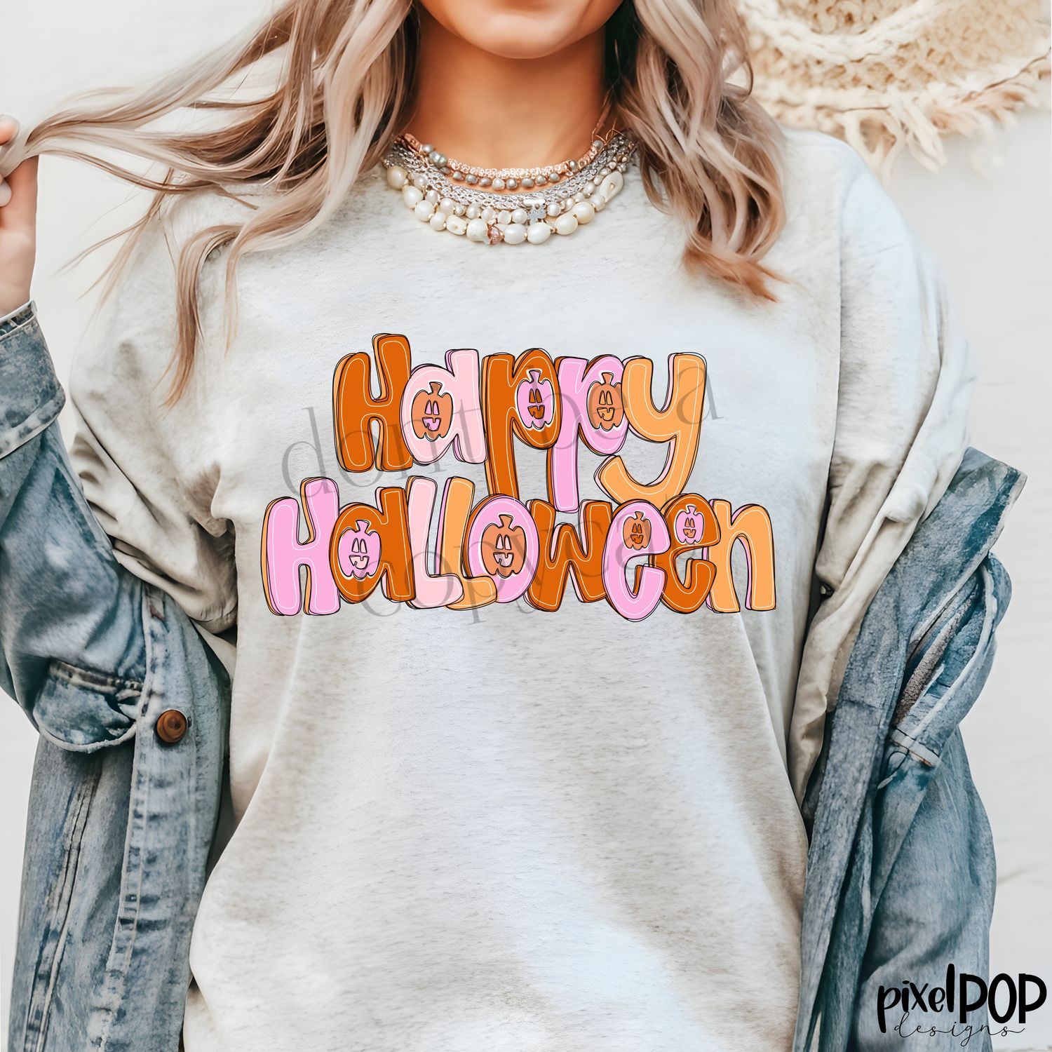 Happy Halloween Bubble Letters with Mini Pumpkins PINK PNG | Hand Drawn Digital Art | Sublimation PNG | Digital Art | Printable Artwork