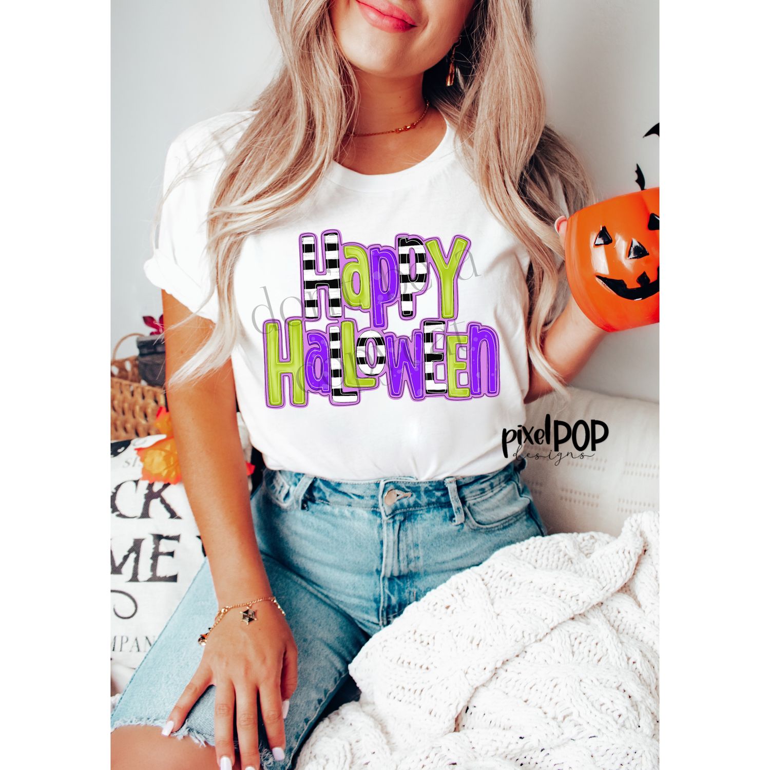 Happy Halloween Purple Lime and Black PNG | Hand Drawn Digital Art | Sublimation PNG | Digital Art | Printable Artwork