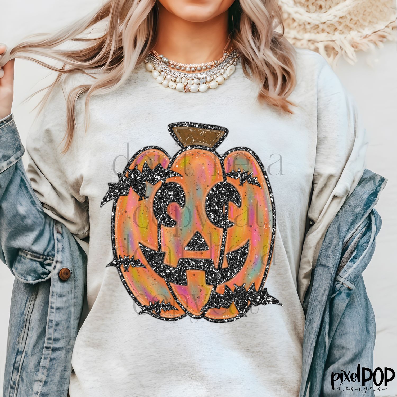 Faux Glitter Jack o Lantern with Bats Halloween PNG | Hand Drawn Digital Art | Sublimation PNG | Digital Art | Printable Artwork
