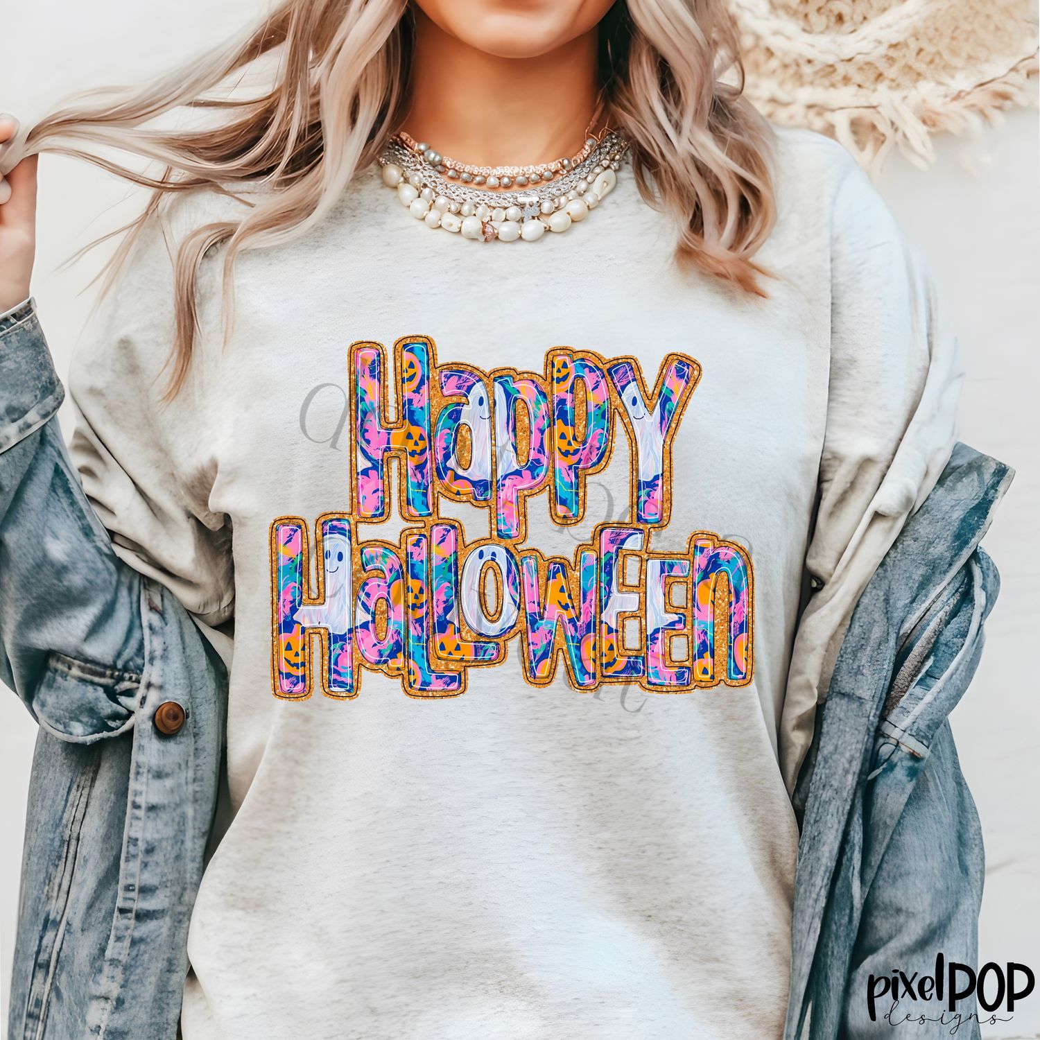 Happy Halloween Girlie Ghost and Pumpkin Print Faux Glitter PNG | Hand Drawn Digital Art | Sublimation PNG | Digital Art | Printable Artwork