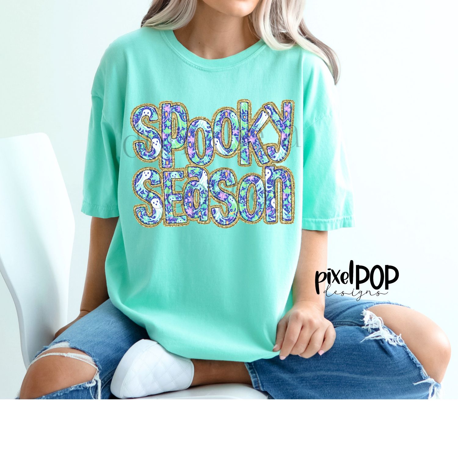 Spooky Season Ghost Print Girlie Faux Glitter PNG | Hand Drawn Digital Art | Sublimation PNG | Digital Art | Printable Artwork