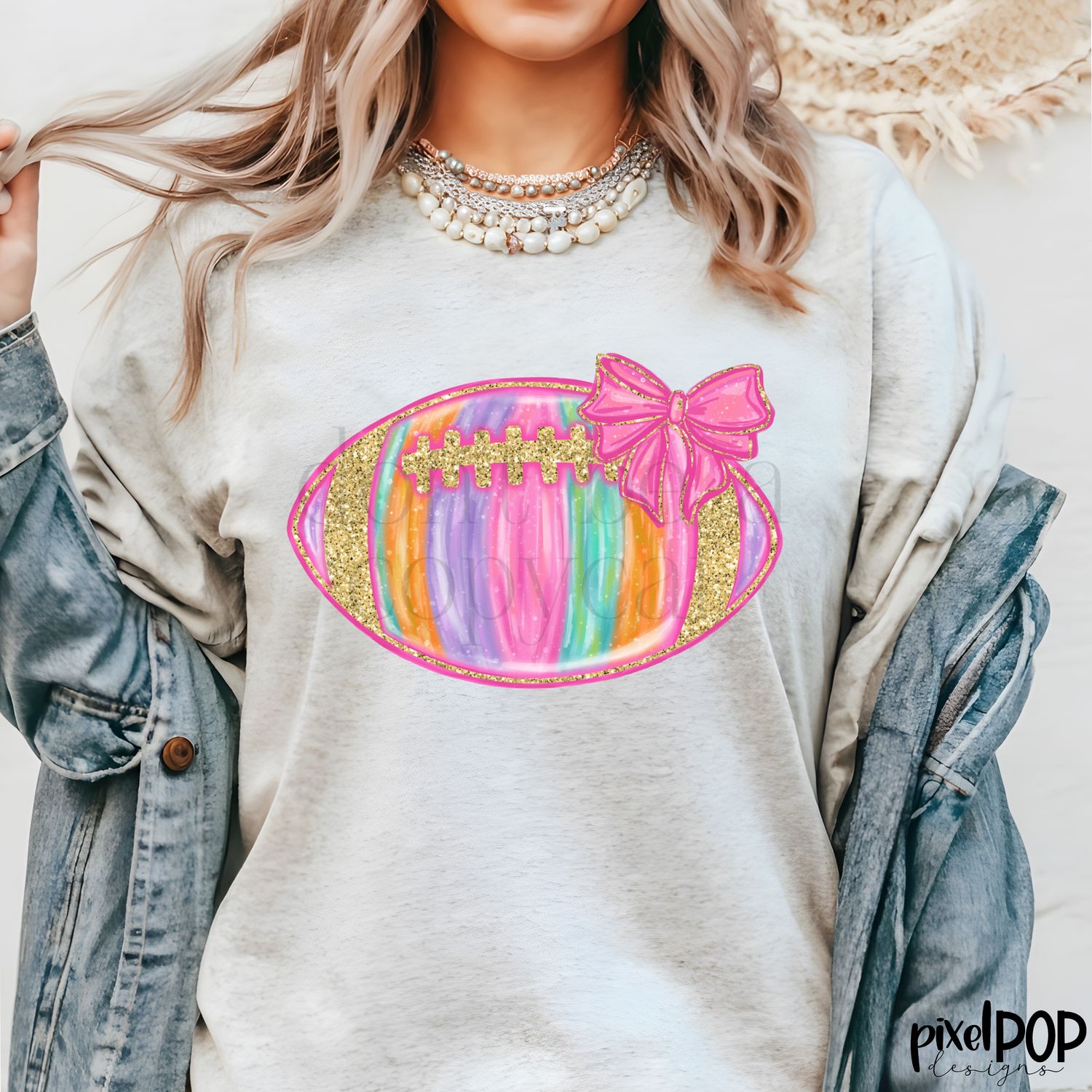 Faux Glitter Pastel Football with Bow Coquette PNG Football Digital Design Transfer Digital Print Printable DTF Sublimation Transfer Art