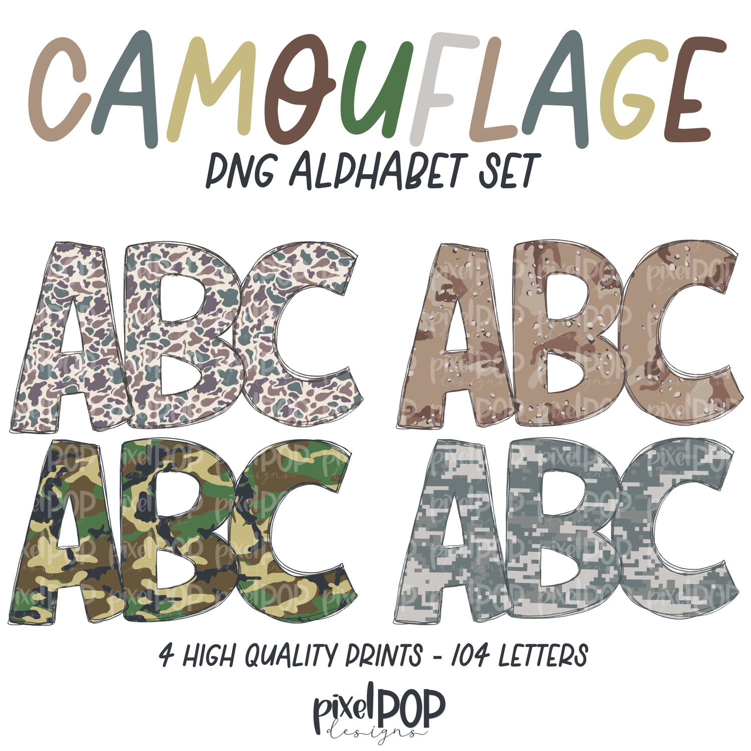 Camouflage Alphabet Letter Set | Alphapack Font | Watercolor | PNG | Sublimation Doodle Letter | Font Set | Transfer Letters